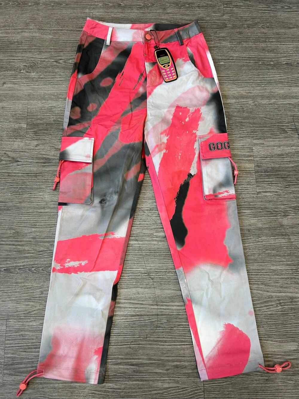 ⁠NWT GOGUY Clothing Pink Abstract Paint Cargo Pants Size S Festival Streetwear⁠